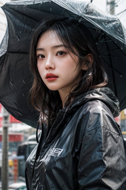 1GIRL, raw, asian, tokyo, low angle, expression, happy, rain, modern clothing, photorealistic, 8k, highly detailed, rain coat, candid, medium close up, f 2/8, high_resolution.