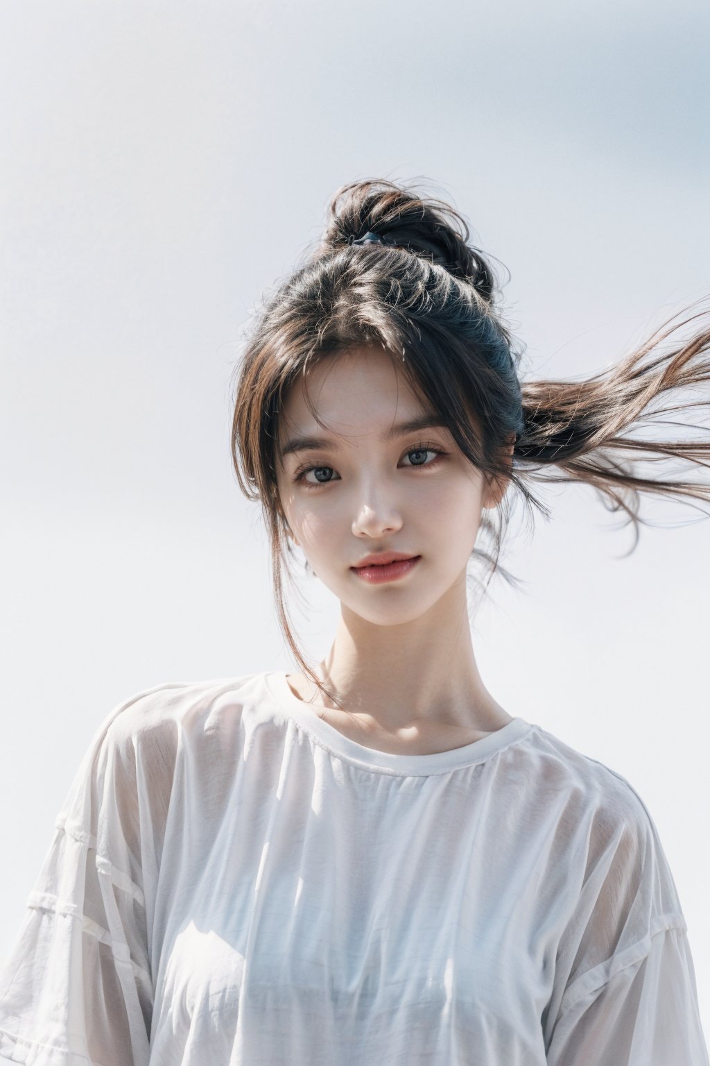 masterpiece, best quality, 1girl ((pure white background)), black hair, floating hair, blush, looking at viewers, white T-shirt, happy, ((front)),upper body, close-up, (studio light), photorealistic, 19 years old, 