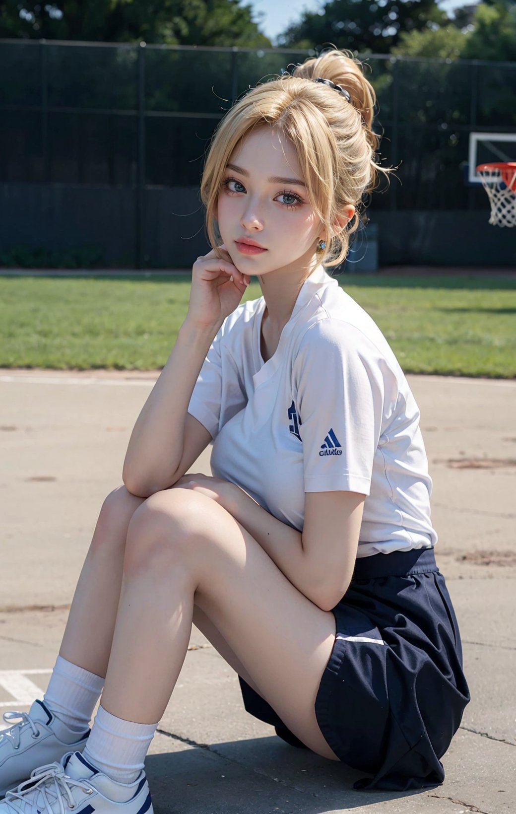 a beautiful young girl, blonde, (hi-top fade:1.3), sunshine, outfield, basketball field, sitting on basketball, huge breast, ponytail, full body, realistic skin, head tilt, detailed eyes and face, blushing, ashamed, blue eyes, symmetry smile eyes,
japan school uniform, white shirt, luxury_deep_blue_shortskirt, ultra detailed finger, two bare long legs, white-skinned girl, depth_of_field, motion_blur, spots shot, full body shoot, jk_lure_drdress, studenr