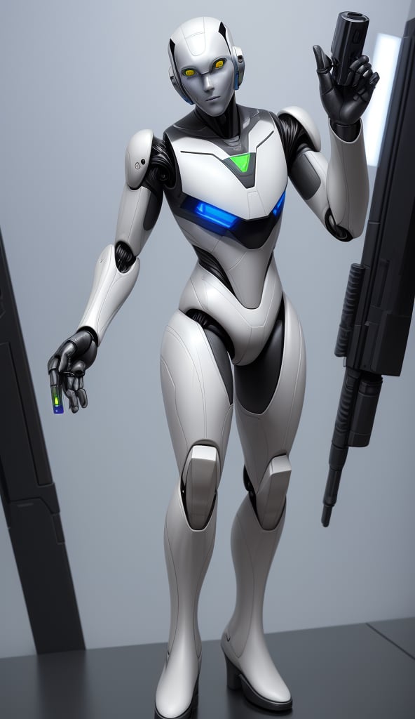 Human robot, full_body, Holds a laser gun in his hands