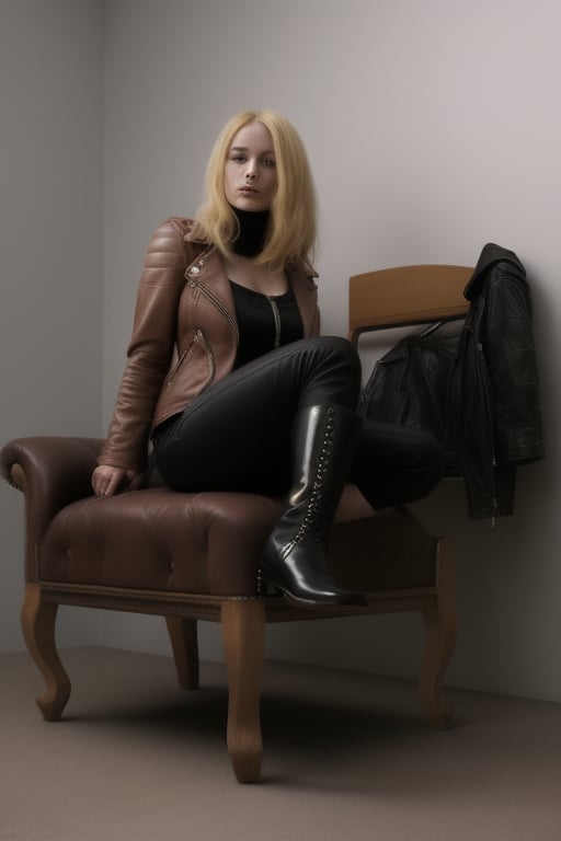  a woman with blond hair, boots, leather jacket, siting on a chair