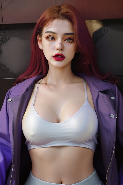 Latex tanktop, ahegao_face, open_coat,lora:GirlfriendMix2:1, ,Detailedface, purple_lipstick, purple eyeshadow, yellow_eyes, hentay_pose, body body, tatto on belly and neck, red hair, ,m4d4m