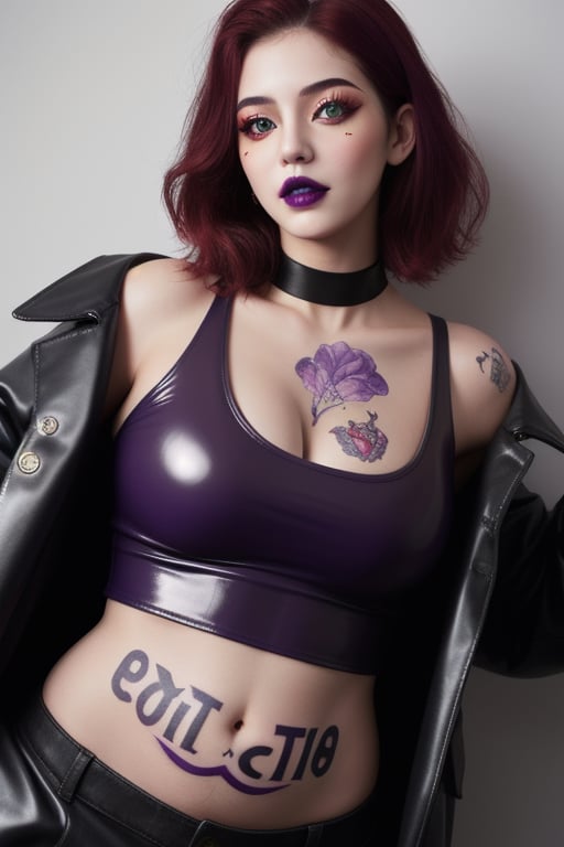 Latex tanktop, ahegao_face, open_coat,lora:GirlfriendMix2:1, ,Detailedface, purple_lipstick, purple eyeshadow, yellow_eyes, hentay_pose, body body, tatto on belly and neck, red hair, 