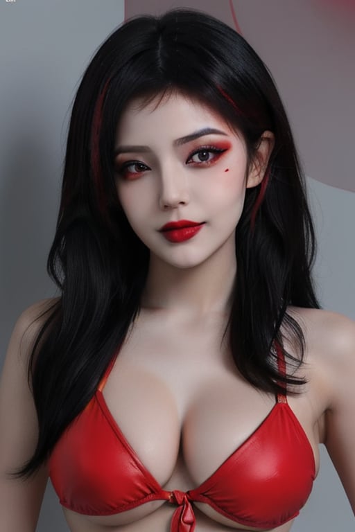 Ahegao_expresion, ,Detailedface, black red gradation hair, full_body, sex_pose, dark makeup, lora:GirlfriendMix_v1_v20:1, brainwash, red side-tie_bikini