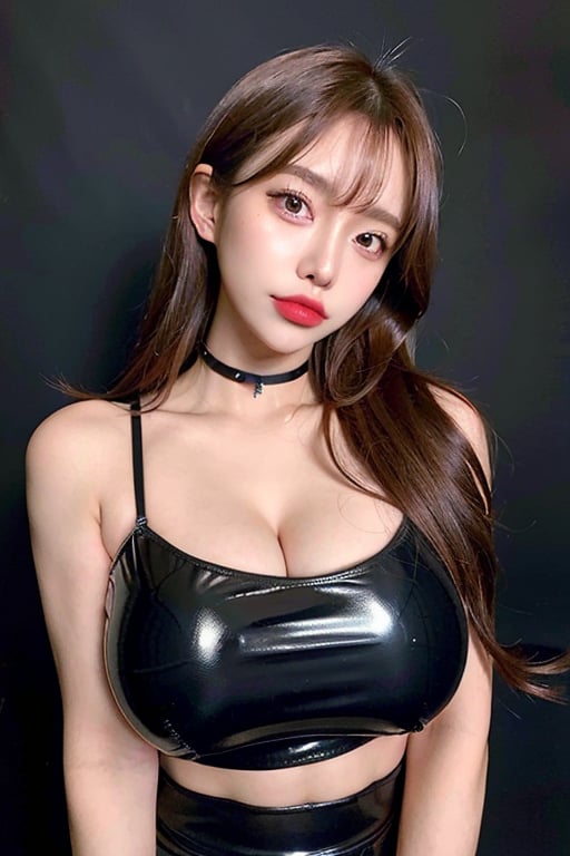 best quality, ultra high res, (photorealistic:1.4), 1girl, off-shoulder red latex shirt, black tight skirt,open black choker, (huge breasts:1.2), looking at viewer, closeup lora:koreanDollLikeness_v20,hyono_eyes, makeup, ahegao, sex_pose, 