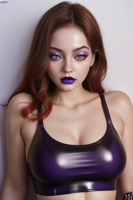 Open_Latex tanktop, ahegao_face,lora:GirlfriendMix2:1, ,Detailedface, purple_lipstick, purple eyeshadow, yellow_eyes, hentay_pose, body body, red hair,JessicaWaifu, brainwashing