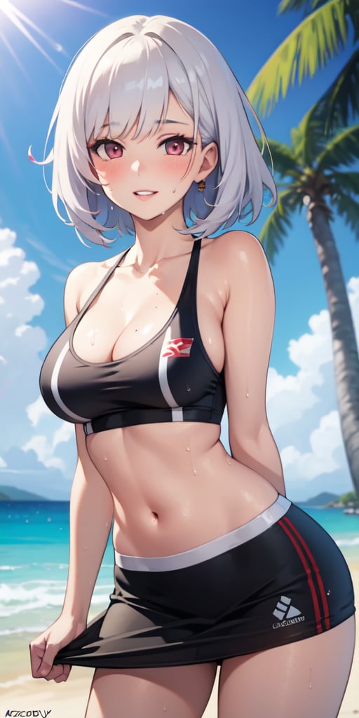 realistic, 1girl, parted lips, blush, makeup, light smile, sportswear, skirt, wet clothes, glow, thighs, bare shoulders, collarbone, narrow waist, sunbeam, beach, palm trees, sunlight, rose, wind, cleavage, (masterpiece), ahegao_face, sweat,volly ball, ,ulrich von hutten /(azur lane/)