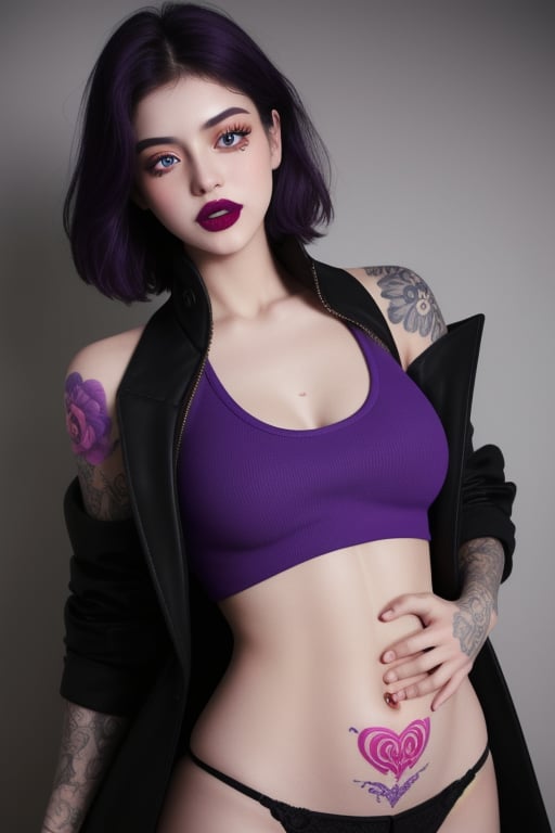 Red tanktop, ahegao_face, open_coat,lora:GirlfriendMix2:1, ,Detailedface,kikigram_97, purple_lipstick, purple eyeshadow, yellow_eyes, sexy_pose, body body, tatto on belly and neck