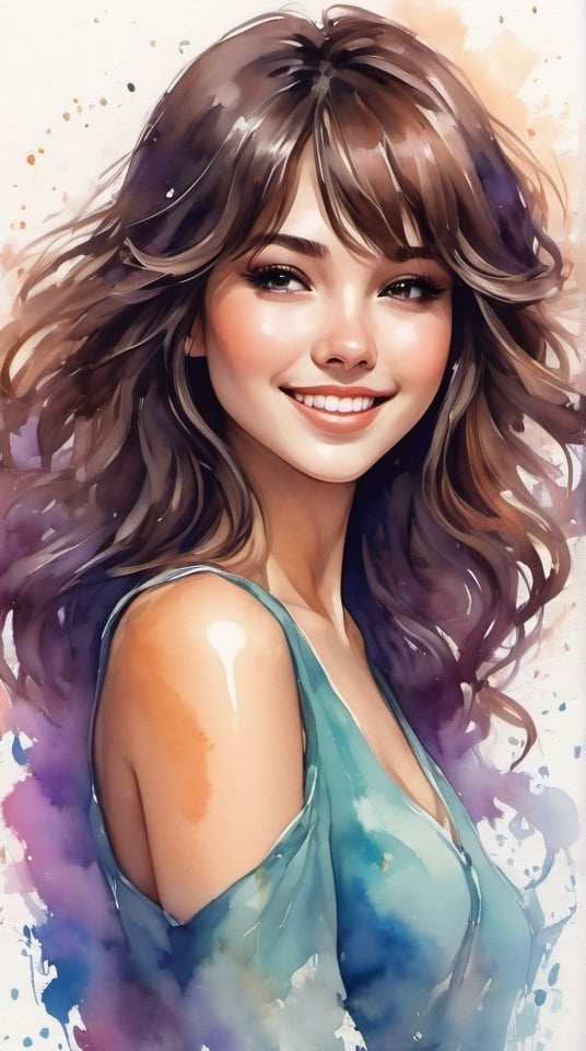 ink art, a beautiful brunette hair girl, anime style, long hear, smiling with style, dynamic poses, ultra colorfull, white background, details, clean, masterpiece,