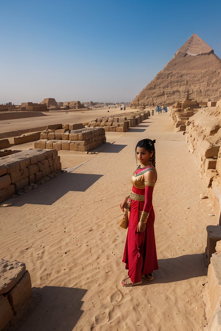 "It generates an image of a beautiful Egyptian woman, ancient Egypt near the pyramids of Giza, with people dressed in traditional ancient Egyptian clothing, surrounded by hieroglyphics and the Nile River in the background."