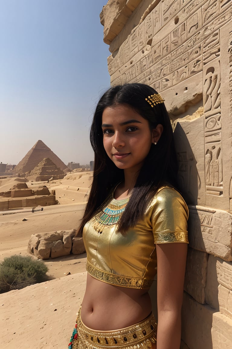 "It generates an image of a beautiful Egyptian girl, 12yo, ancient Egypt near the pyramids of Giza, dressed in traditional ancient Egyptian clothing, surrounded by hieroglyphics and the Nile River in the background."