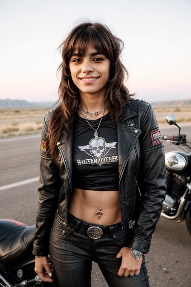 1girl, Sofía "La Rebelde" Martínez, 22 years old, long brown hair with bangs, defiant look and rebellious smile. He wears a black leather jacket, black jeans, motorcycle boots, and a t-shirt with the logo of his favorite band. She sports several metal necklaces, a studded leather bracelet, and a ring in the shape of a skull. Adventurer, motorcycle lover and defender of individual freedom. She enjoys riding his motorcycle on the road, listening to rock at full volume and participating in biker events.