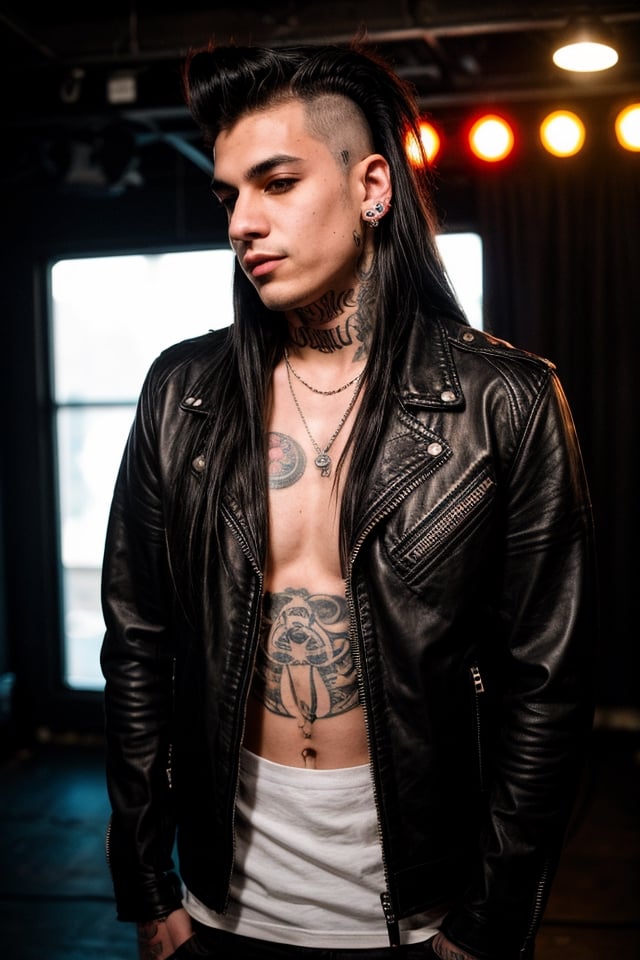 Dante is a 25-year-old piercing aficionado who works as a musician in a local punk rock band. He has long hair shaved on the sides, and has multiple piercings in his ears, nose, and eyebrows. His body is decorated with numerous tattoos that reflect his love for music, freedom and rebellion. His clothing style is punk and casual, with leather jackets, torn t-shirts and motorcycle boots. Dante is a free spirit and passionate about music, finding release and catharsis on stage and in the energy of live performances. He is known in the local punk scene for his charisma, his authenticity, and his commitment to authenticity and authenticity of the genre.