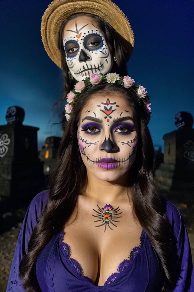 instagram photo, closeup face photo of 18 y.o Latina in nude, Gigantic boobs, cleavage, pale skin, (smile:0.4), hard shadows, blue eyes, dark atmosphere, in an ancient Mexican cementery, at night, gloomy atmosphere, purple embroidered tunic on the head, (((Dia de Muertos makeup)))