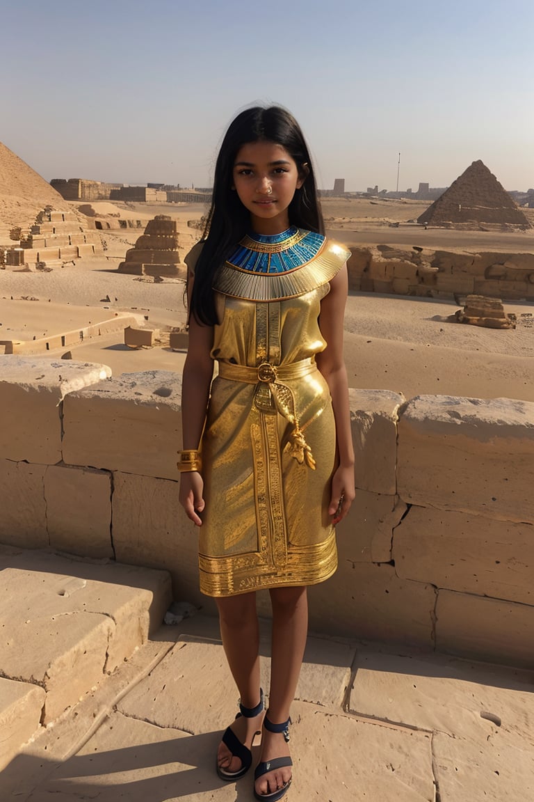 "It generates an image of a beautiful Egyptian girl, 12yo, ancient Egypt near the pyramids of Giza, dressed in traditional ancient Egyptian clothing, surrounded by hieroglyphics and the Nile River in the background."