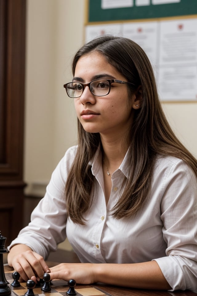 Lucía Herrera (Support), 1girl, a 17-year-old student with glasses and an academic appearance, intelligent and reserved, uses her skills to decipher crucial information as the chess club president.