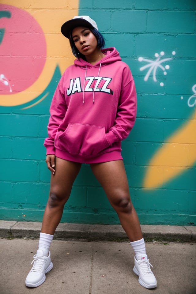 Jazz is a 22-year-old B-girl who lives in an urban city. Voluptuous, she has short, brightly dyed hair, and wears an urban, sporty style, with hoodies and sneakers. His passion for breakdancing is reflected in his skill and dedication on the dance floor, where he demonstrates his unique style and creativity in every move. Jazz is also a talented street artist, using graffiti culture as another form of artistic expression. She is known in the hip hop community for her energy and commitment to art and culture.,sagging breasts,nipples