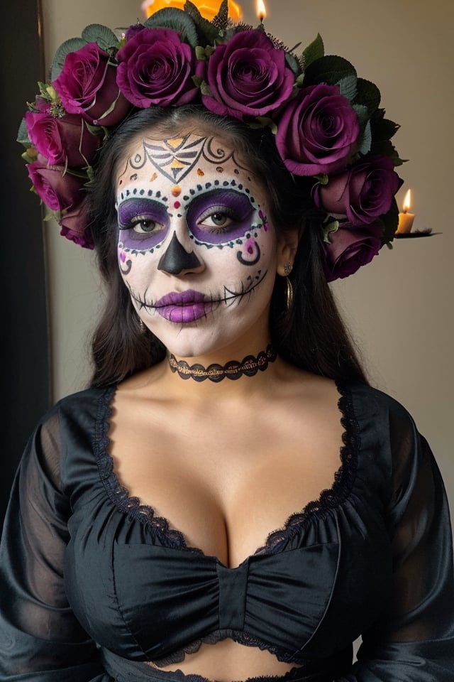 instagram photo, closeup face photo of 18 y.o Latina, traditional black mexican dress, embroidered flowers, Gigantic boobs, cleavage, pale skin, (smile:0.4), hard shadows, blue eyes, dark atmosphere, candle light, purple embroidered tunic on the head, (((Dia de Muertos makeup))), celebrating the dia de muertos,looking at the viewer, discreet smile