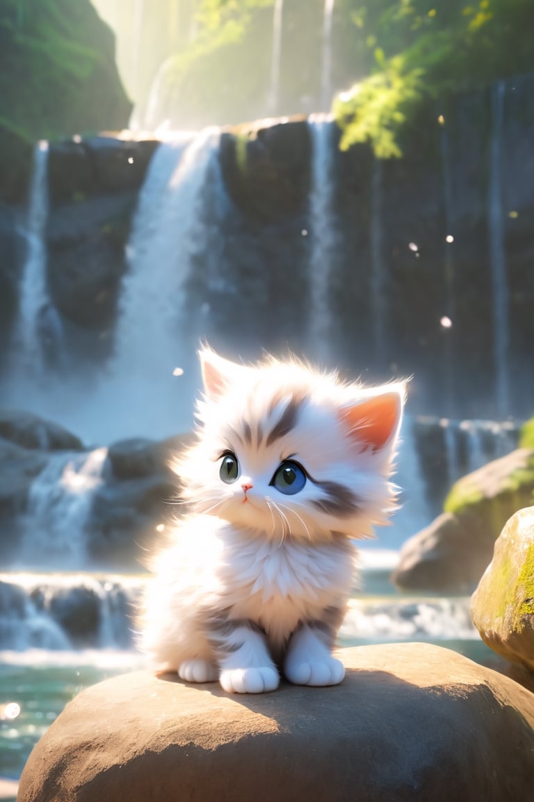 a kittens is sitting on a large rock in front of a waterfall and looking at the waterfalls, samikshavad, pinterest, Landscape, pexels, Adventure fantasy, Lost world, rayasi, picture, jigsaw puzzle, instagram, Sheela Gowda, simaura, stock photo, hurufiyya, ramanda, Tunga, screenshot, tumblr, digital rendering, Diagrammatic, Romantic fantasy, Xianxia, Ramkinkar Baij, unsplash, Figurative, sumatraism, Life, Fabulation, priysantheme, Photorealism, N. S. Harsha, nurugai, regionalism, naturalism, Deng Shiru,Xxmix_Catecat