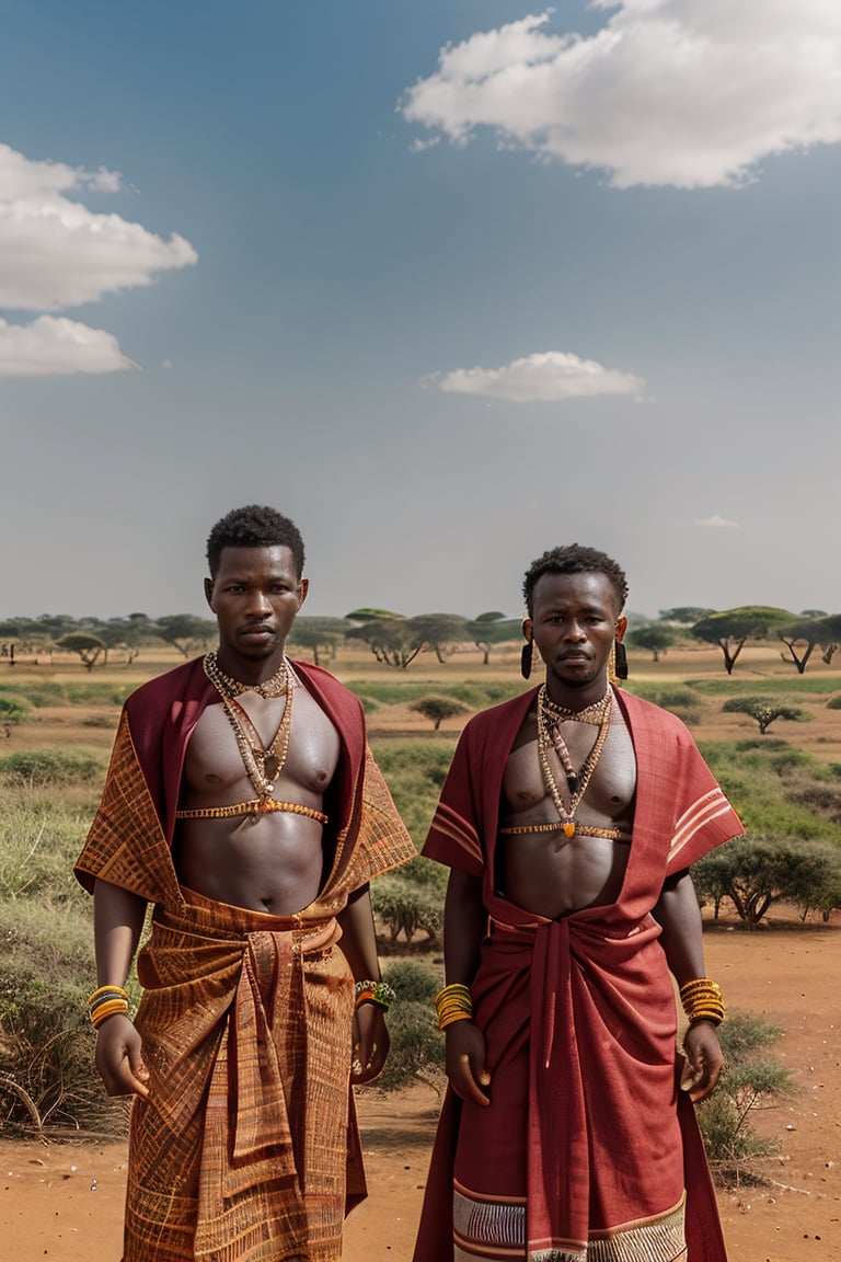 "Create an image of Masai warriors in Kenya or Tanzania, dressed in traditional red shukas, standing against the backdrop of the Serengeti plains. Include elements such as acacia trees, wildlife like giraffes or zebras, and a traditional Masai village."