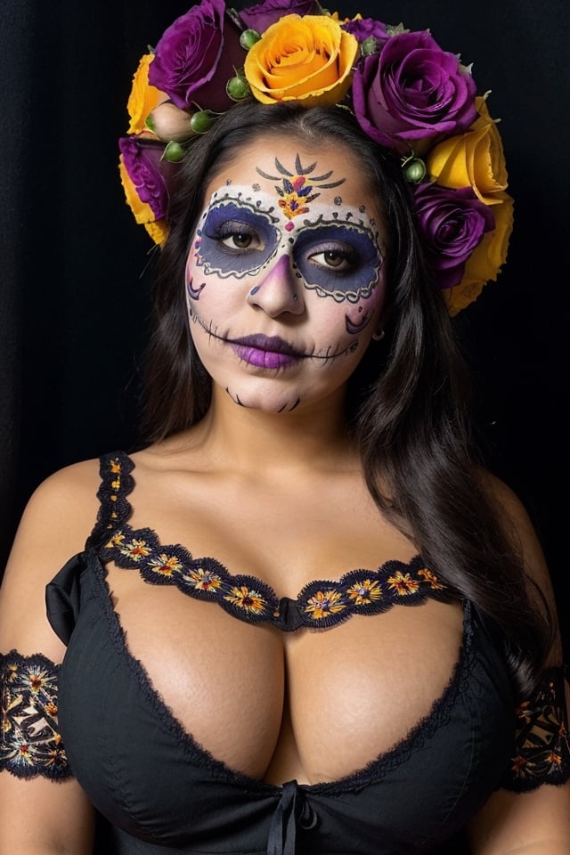 instagram photo, closeup face photo of 18 y.o Latina, traditional black mexican dress, embroidered flowers, Gigantic boobs, cleavage, pale skin, (smile:0.4), hard shadows, blue eyes, dark atmosphere, candle light, purple embroidered tunic on the head, (((Dia de Muertos makeup))), celebrating the dia de muertos