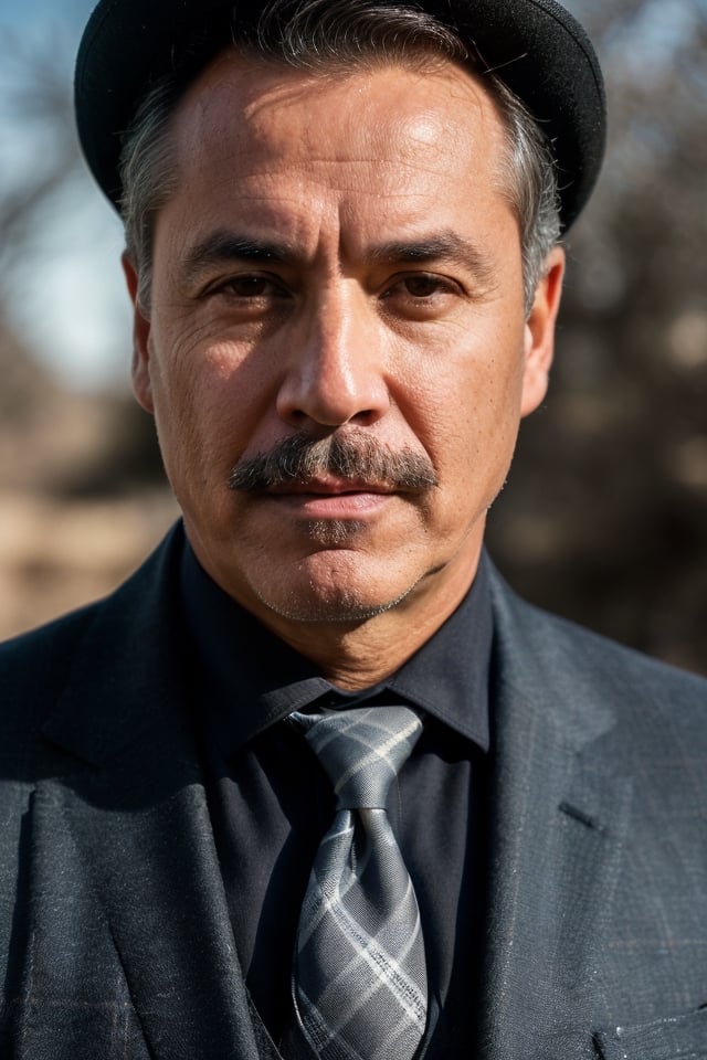 a 55 years old, latin man, (((55o))), (((male))), ((mature man), hard features, Don Enrique is a middle-aged man, with gray hair neatly combed back. He always wears a dark suit, tie, and polished shoes. He has a neatly trimmed mustache and a serious expression. Don Enrique is a serious, disciplined and meticulous man. He is a perfectionist in his work, always making sure the ranch is in perfect condition. He has a strong work ethic and expects the same from his servants.
Wear plaid shirts, wool vest, hat, jeans, work boots(((full body))), (totale dark background), 1girl, masterpiece, best quality, high resolution, 8K, HDR, bloom, raytracing, detailed shadows, bokeh, depth of field, film photography, film grain, glare, (wind:0.8), detailed hair, hard features, mature man, ultra detailed eyes, cinematic lighting, (hyperdetailed:1.15), in the hacienda