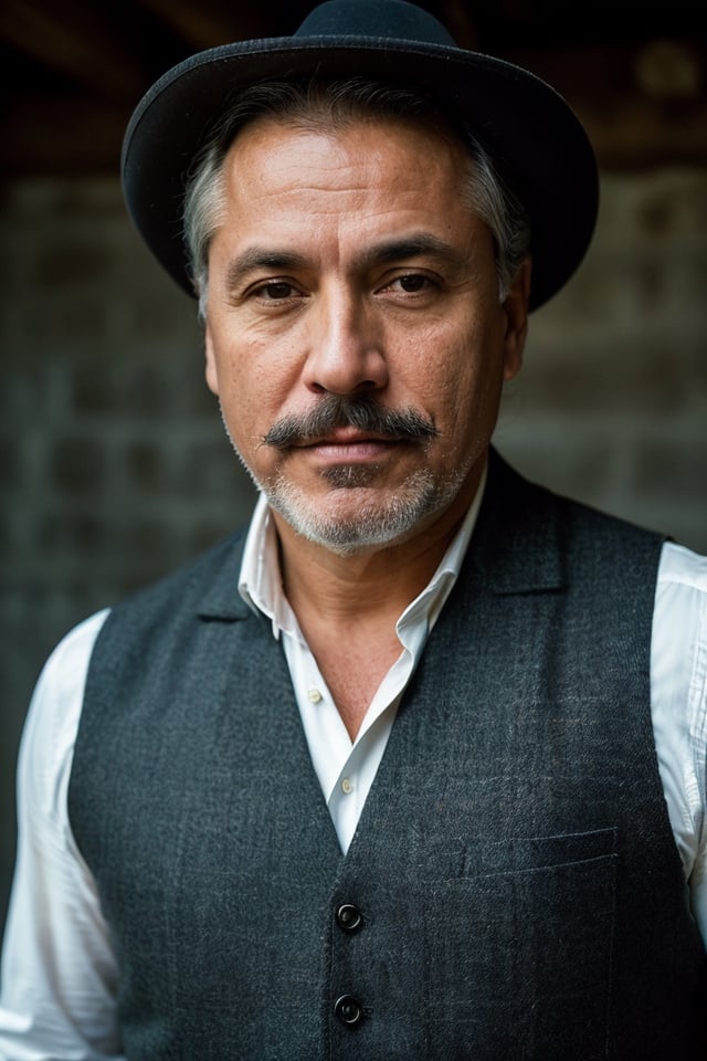 a 55 years old, latin man, (((55o))), (((male))), ((mature man), hard features, Don Enrique is a middle-aged man, with gray hair neatly combed back. He has a neatly trimmed mustache and a serious expression. Don Enrique is a serious, disciplined and meticulous man. He is a perfectionist in his work, always making sure the ranch is in perfect condition. He has a strong work ethic and expects the same from his servants.
Wear plaid shirts, wool vest, hat, jeans, work boots(((full body))), (totale dark background), 1girl, masterpiece, best quality, high resolution, 8K, HDR, bloom, raytracing, detailed shadows, bokeh, depth of field, film photography, film grain, glare, (wind:0.8), detailed hair, hard features, mature man, ultra detailed eyes, cinematic lighting, (hyperdetailed:1.15), in the hacienda