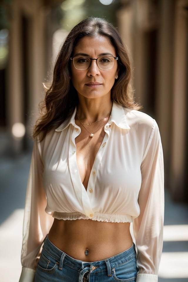 a 50 yeras old madure latin woman, (((50yo))), (((milf))), ((madure woman)), beatiful, a middle-aged woman with dark brown hair, tied back in a ponytail, and expressive eyes, with round glasses. She has a slender figure, wide hips, waistline, gigantic breasts, light brown eyes, her expression is tough but calm, a natural elegance in her bearing. Rosa is a strong and determined woman, just like her mother. She is passionate and loving, but can also be stubborn and stubborn. She is protective of her children and cares deeply about family tradition. ((transparent blouse)), (((full body))), (totale dark background), 1girl, masterpiece, best quality, high resolution, 8K, HDR, bloom, raytracing, detailed shadows, bokeh, depth of field, film photography, film grain, glare, (wind:0.8), detailed hair, beautiful face, beautiful girl, ultra detailed eyes, cinematic lighting, (hyperdetailed:1.15), , little_cute_girl, 1girl), , little_cute_girl, 1girl, hacienda