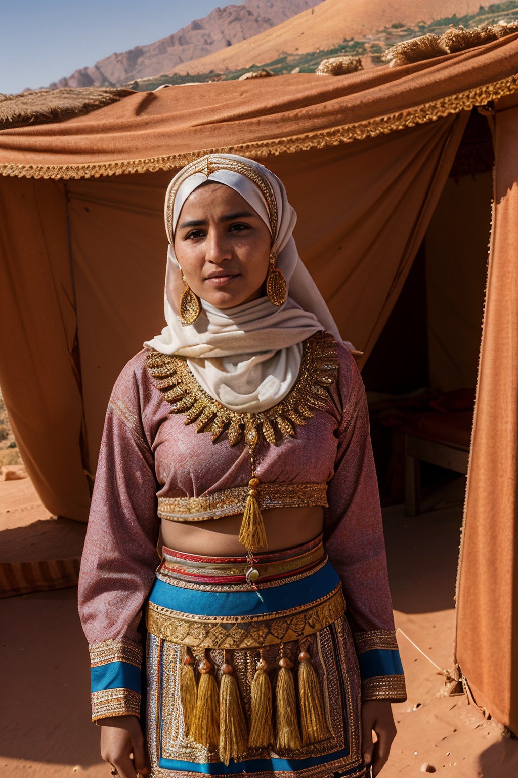 "Create an image of a beautiful Berber woman dressed in traditional attire, standing in front of the Atlas Mountains in Morocco. Include elements such as a Berber tent, camels, and intricate patterns on her clothing.