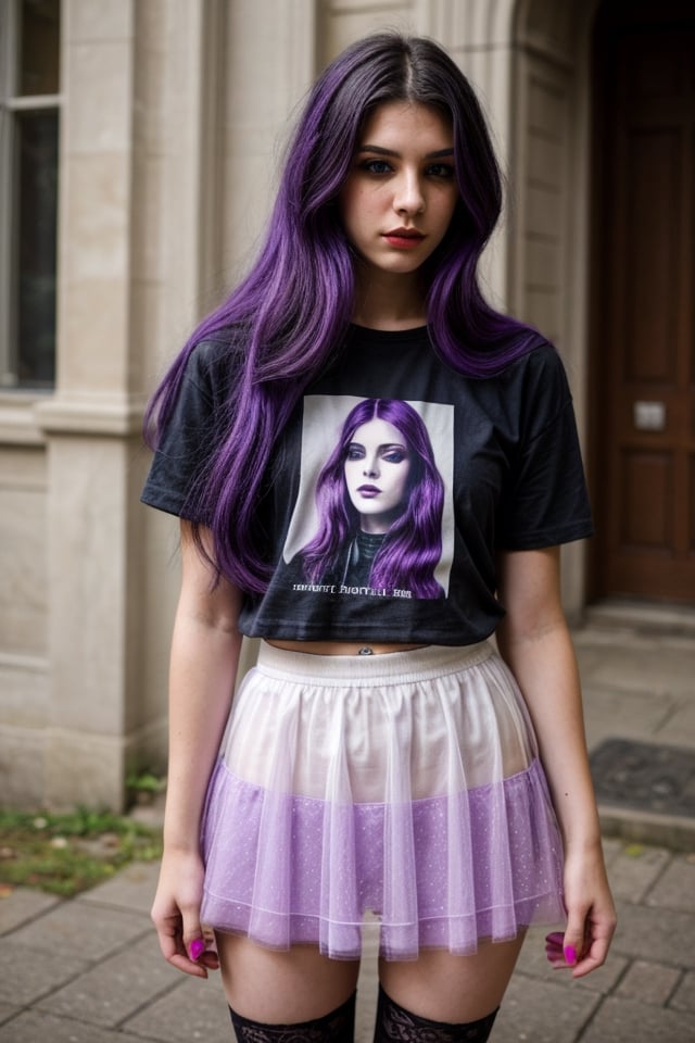 Violet is a 19-year-old emo studying art at a local university. She has long, dyed purple hair, with strands in blue and pink tones, and has piercings in her nose and ears. Her style is alternative and expressive, with dark and dramatic makeup, such as eyeliner and dark lips. She dresses in tight-fitting, gothic-style clothing, with t-shirts printed with melancholic images and tulle skirts. He always carries a diary where he writes poems and thoughts about his emotions and personal experiences.,nipples
