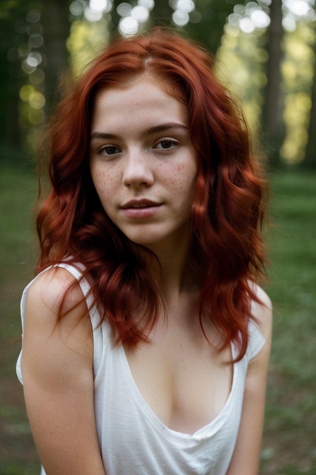 a 16 yeras old Teen Girl, Thin, short, medium breasts, mole next to the left nipple, (((red hair))), freckles on the nose. clear skin. Shy, introverted, lover of nature and animals. Dress in a natural and comfortable style, with t-shirts with nature prints, jeans and hiking boots. (((full body))), (totale dark background), 1girl, masterpiece, best quality, high resolution, 8K, HDR, bloom, raytracing, detailed shadows, bokeh, depth of field, film photography, film grain, glare, (wind:0.8), detailed hair, beautiful face, beautiful girl, ultra detailed eyes, cinematic lighting, (hyperdetailed:1.15), , little_cute_girl, 1girl,  in the shower