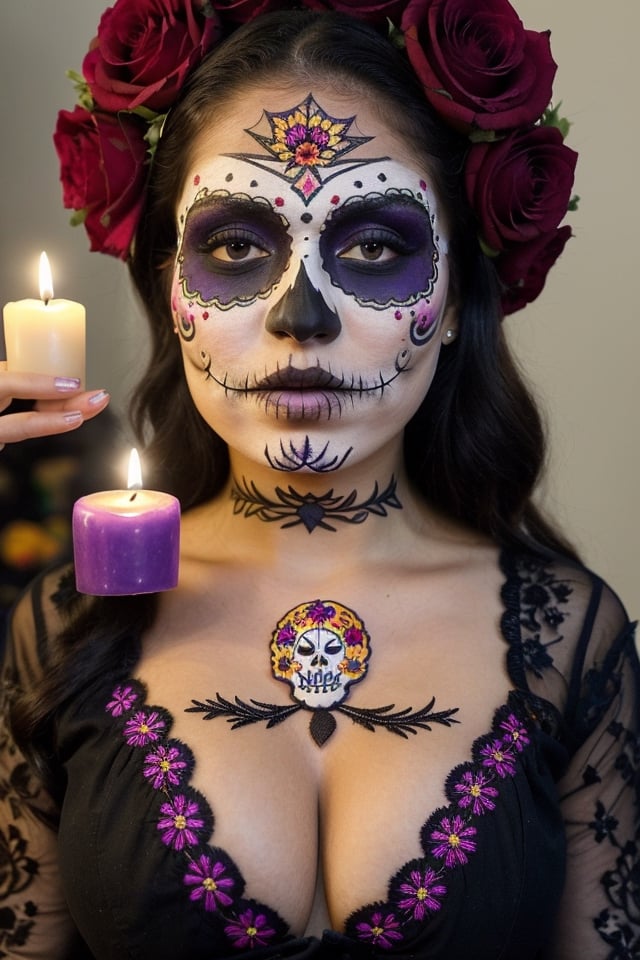 instagram photo, closeup face photo of 18 y.o Latina, traditional black mexican dress, embroidered flowers, Gigantic boobs, cleavage, pale skin, (smile:0.4), hard shadows, blue eyes, dark atmosphere, candle light, purple embroidered tunic on the head, (((Dia de Muertos makeup))), celebrating the dia de muertos