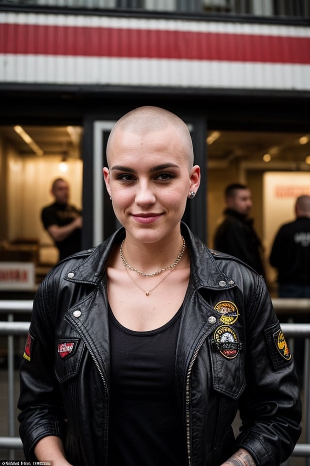 Charlotte Mitchell, 22 years old, Shaved head with small bangs, defiant look and rebellious smile. He wears a black Harrington jacket, a t-shirt with the logo of his favorite band, tight jeans, and Dr. Martens boots. She sports several metal necklaces, a fabric bracelet with the Skinhead movement logo, and a piercing in her nose. Adventurer, punk rock lover and defender of the working class. He enjoys going to concerts, singing loudly, and participating in left-wing political activities.,big boobs