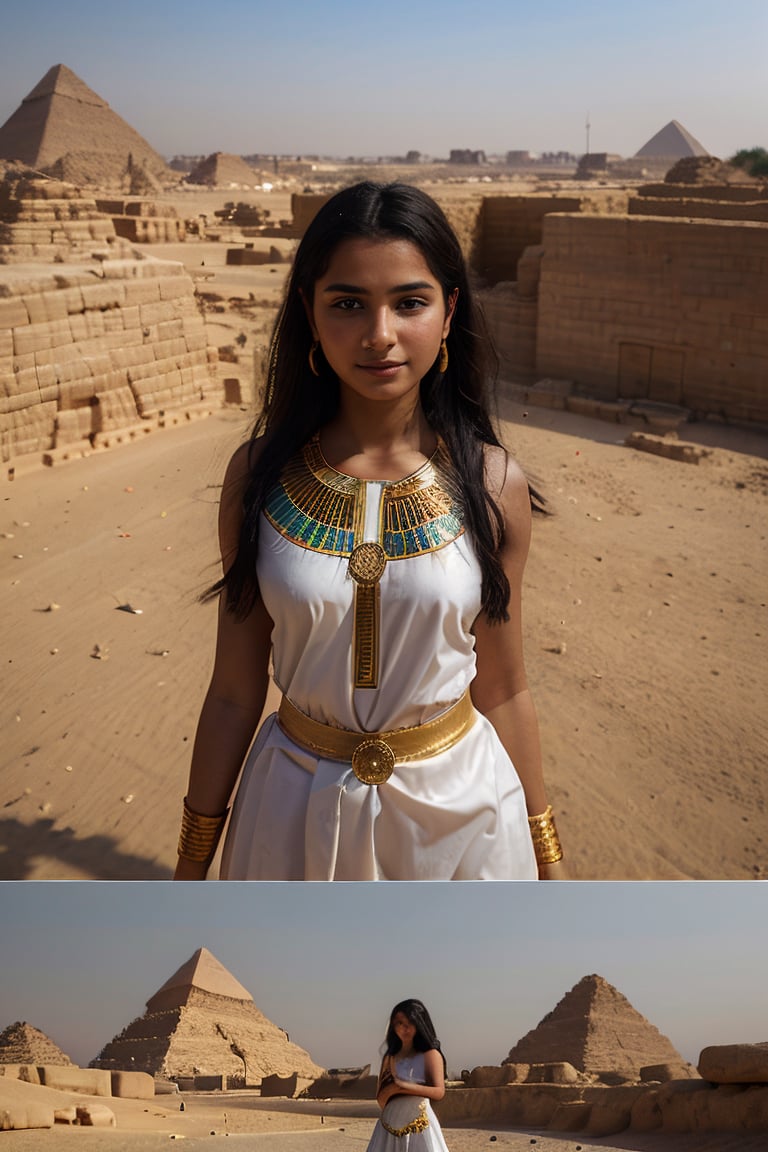 "It generates an image of a beautiful Egyptian girl, 12yo, ancient Egypt near the pyramids of Giza, dressed in traditional ancient Egyptian clothing, surrounded by hieroglyphics and the Nile River in the background."