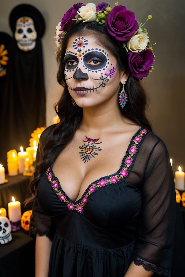 instagram photo, closeup face photo of 18 y.o Latina, traditional black mexican dress, embroidered flowers, Gigantic boobs, cleavage, pale skin, (smile:0.4), hard shadows, blue eyes, dark atmosphere, candle light, purple embroidered tunic on the head, (((Dia de Muertos makeup))), celebrating the dia de muertos,looking at the viewer, discreet smile