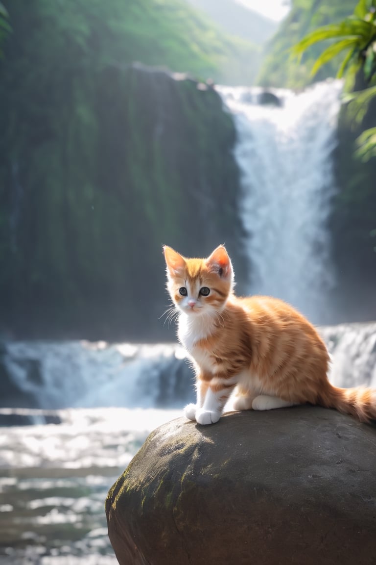 a kittens is sitting on a large rock in front of a waterfall and looking at the waterfalls, samikshavad, pinterest, Landscape, pexels, Adventure fantasy, Lost world, rayasi, picture, jigsaw puzzle, instagram, Sheela Gowda, simaura, stock photo, hurufiyya, ramanda, Tunga, screenshot, tumblr, digital rendering, Diagrammatic, Romantic fantasy, Xianxia, Ramkinkar Baij, unsplash, Figurative, sumatraism, Life, Fabulation, priysantheme, Photorealism, N. S. Harsha, nurugai, regionalism, naturalism, Deng Shiru,Xxmix_Catecat