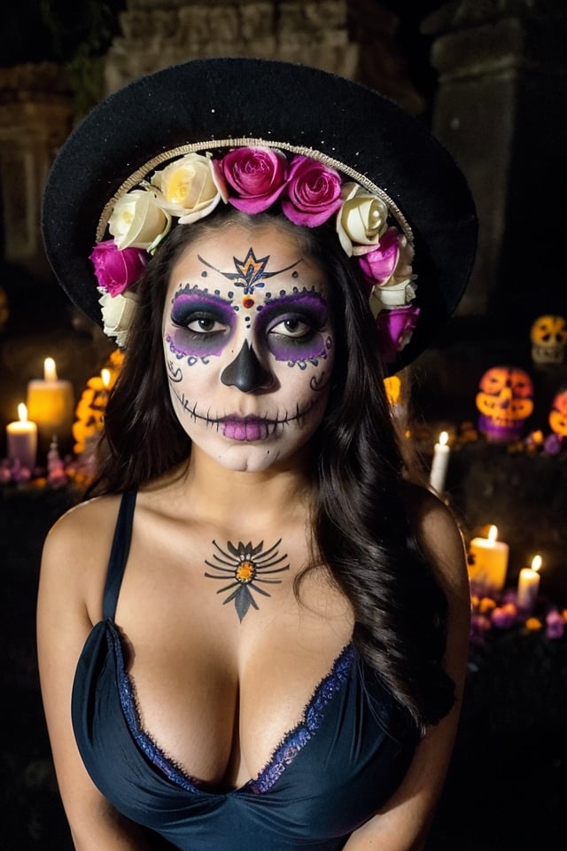 instagram photo, closeup face photo of 18 y.o Latina in nude, Gigantic boobs, cleavage, pale skin, (smile:0.4), hard shadows, blue eyes, dark atmosphere, in an ancient Mexican cementery, at night, gloomy atmosphere, purple embroidered tunic on the head, (((Dia de Muertos makeup)))