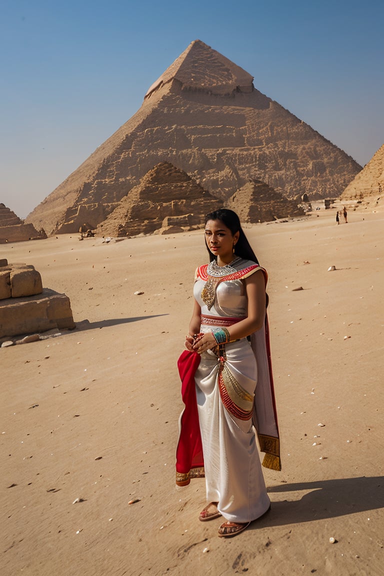 "It generates an image of a beautiful Egyptian woman, ancient Egypt near the pyramids of Giza, with people dressed in traditional ancient Egyptian clothing, surrounded by hieroglyphics and the Nile River in the background."