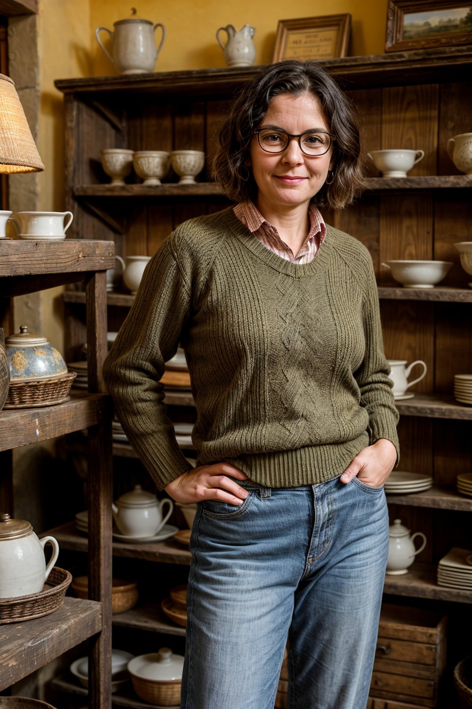 Clara (Antique Store Owner) Physical Description: A woman 40yo, of medium build and short height (around 1.60 m). She has short hair and wears round glasses. His eyes are green and always full of curiosity. He usually dresses in comfortable, fresh and well-kept clothes. Background: Clara is the owner of an antique store in the town. He has lived there all his life and has a vast knowledge of local history and ancient objects. 