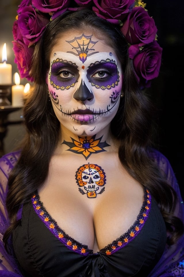 instagram photo, closeup face photo of 18 y.o Latina, traditional black mexican dress, embroidered flowers, Gigantic boobs, cleavage, pale skin, (smile:0.4), hard shadows, blue eyes, dark atmosphere, candle light, purple embroidered tunic on the head, (((Dia de Muertos makeup)))