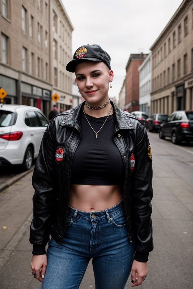 Charlotte Mitchell, 22 years old, Shaved head with small bangs, defiant look and rebellious smile. He wears a black Harrington jacket, a t-shirt with the logo of his favorite band, tight jeans, and Dr. Martens boots. She sports several metal necklaces, a fabric bracelet with the Skinhead movement logo, and a piercing in her nose. Adventurer, punk rock lover and defender of the working class. He enjoys going to concerts, singing loudly, and participating in left-wing political activities.,big boobs