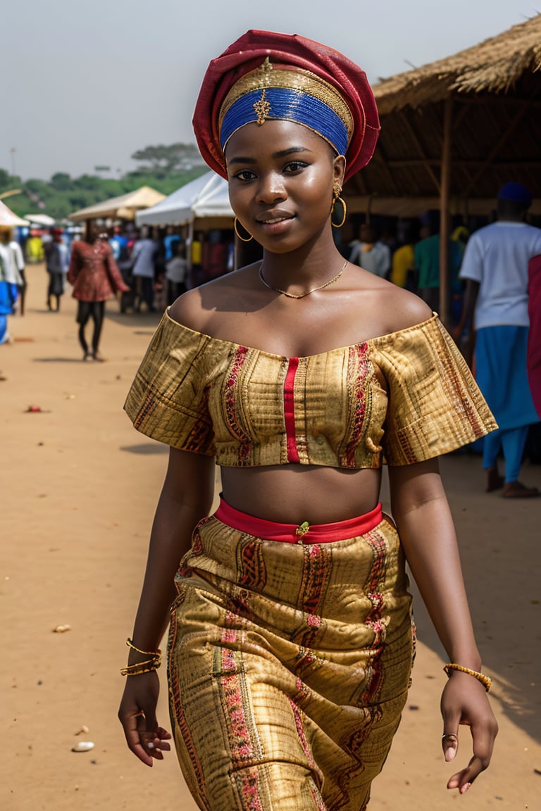 "a beautiful 19-year-old Yoruba girl in vibrant traditional clothing during a cultural festival in Nigeria. Set against a background of lush green landscapes with traditional Yoruba architecture and a bustling market."