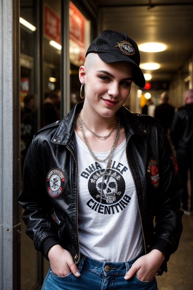 Charlotte Mitchell, 22 years old, Shaved head with small bangs, defiant look and rebellious smile. He wears a black Harrington jacket, a t-shirt with the logo of his favorite band, tight jeans, and Dr. Martens boots. She sports several metal necklaces, a fabric bracelet with the Skinhead movement logo, and a piercing in her nose. Adventurer, punk rock lover and defender of the working class. He enjoys going to concerts, singing loudly, and participating in left-wing political activities.,big boobs