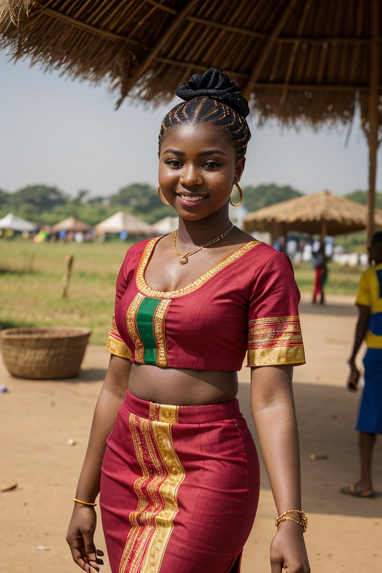 "a beautiful 19-year-old Yoruba girl in vibrant traditional clothing during a cultural festival in Nigeria. Set against a background of lush green landscapes with traditional Yoruba architecture and a bustling market."
