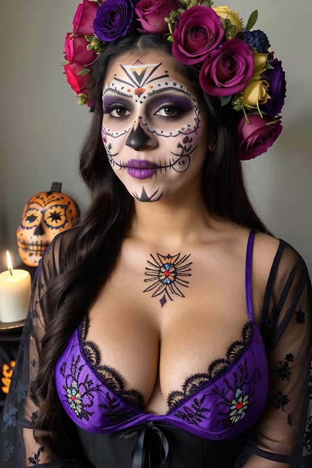 instagram photo, closeup face photo of 18 y.o Latina, traditional black mexican dress, embroidered flowers, Gigantic boobs, cleavage, pale skin, (smile:0.4), hard shadows, blue eyes, dark atmosphere, candle light, purple embroidered tunic on the head, (((Dia de Muertos makeup))), celebrating the dia de muertos,looking at the viewer, discreet smile