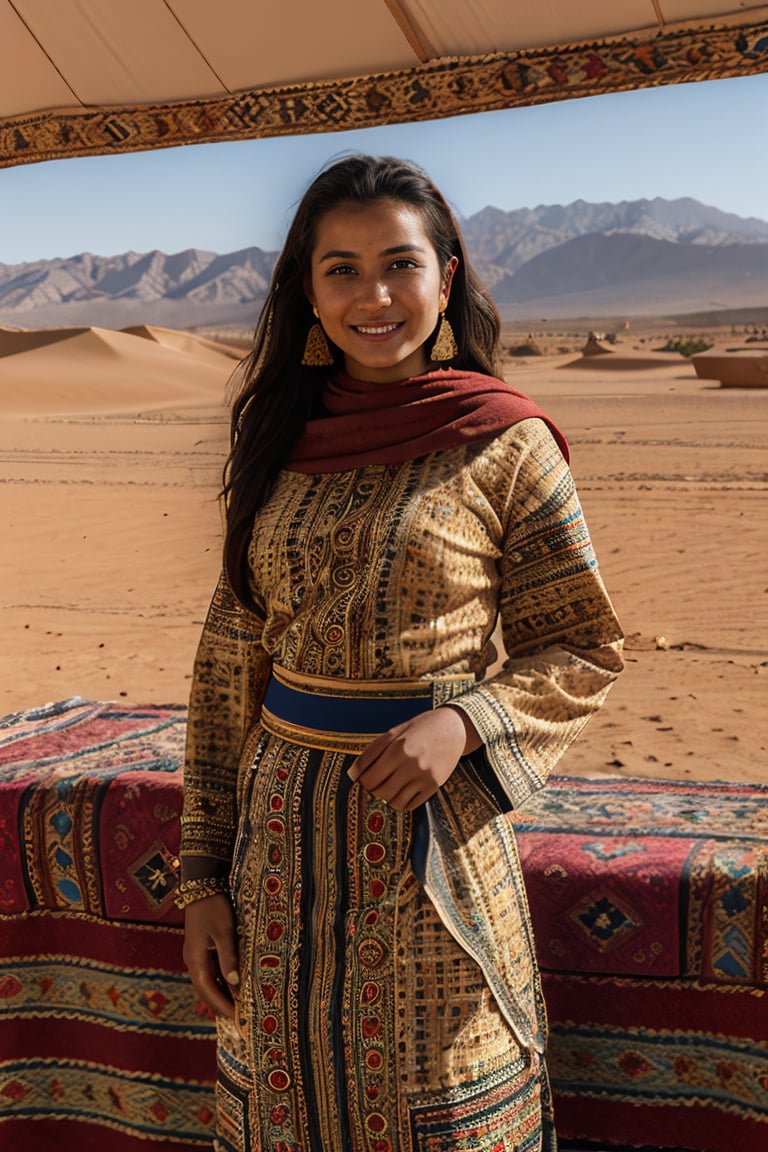 "Create an image of a beautiful Berber girl 35yo. dressed in traditional attire, standing in front of the Atlas Mountains in Morocco. Include elements such as a Berber tent, camels, and intricate patterns on her clothing, Read Description!