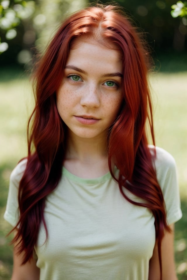 a 16 yeras old Teen Girl, Thin, short, medium breasts, mole next to the left nipple, (((red hair))), (((green eyes))), freckles on the nose. clear skin. Shy, introverted, lover of nature and animals. Dress in a natural and comfortable style, with t-shirts with nature prints, jeans and hiking boots. (((full body))), (totale dark background), 1girl, masterpiece, best quality, high resolution, 8K, HDR, bloom, raytracing, detailed shadows, bokeh, depth of field, film photography, film grain, glare, (wind:0.8), detailed hair, beautiful face, beautiful girl, ultra detailed eyes, cinematic lighting, (hyperdetailed:1.15), , little_cute_girl, 1girl,