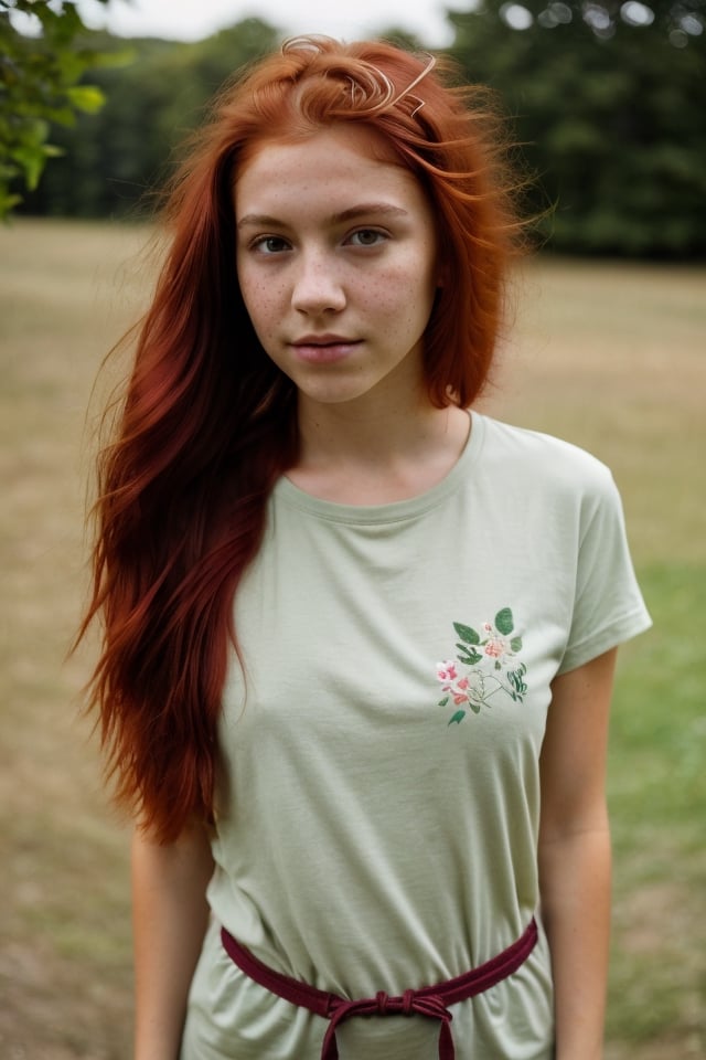 a 16 yeras old Teen Girl, Thin, short, medium breasts, mole next to the left nipple, (((red hair))), (((green eyes))), freckles on the nose. clear skin. Shy, introverted, lover of nature and animals. Dress in a natural and comfortable style, with t-shirts with nature prints, jeans and hiking boots. (((full body))), (totale dark background), 1girl, masterpiece, best quality, high resolution, 8K, HDR, bloom, raytracing, detailed shadows, bokeh, depth of field, film photography, film grain, glare, (wind:0.8), detailed hair, beautiful face, beautiful girl, ultra detailed eyes, cinematic lighting, (hyperdetailed:1.15), , little_cute_girl, 1girl,