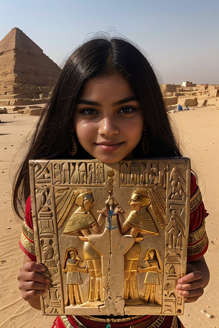 "It generates an image of a beautiful Egyptian girl, 12yo, ancient Egypt near the pyramids of Giza, dressed in traditional ancient Egyptian clothing, surrounded by hieroglyphics and the Nile River in the background."