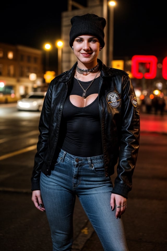 Charlotte Mitchell, 22 years old, Shaved head with small bangs, defiant look and rebellious smile. She wears a black Harrington jacket, visible breasts, topples, tight jeans, and Dr. Martens boots. She sports several metal necklaces, a fabric bracelet with the Skinhead movement logo, and a piercing in her nose. Adventurer, punk rock lover and defender of the working class. He enjoys going to concerts, singing loudly, and participating in left-wing political activities.,big boobs